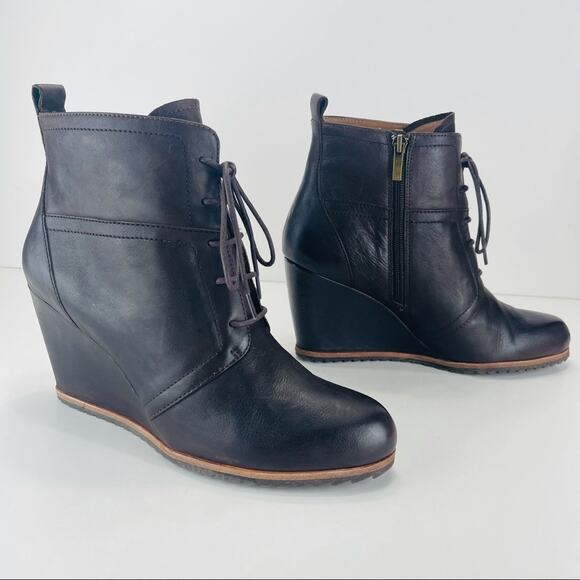 Anthropologie Biala Alyssa Brown Wedge Bootie Size 10 Luxury Leather Lace & Zip - Picture 1 of 16